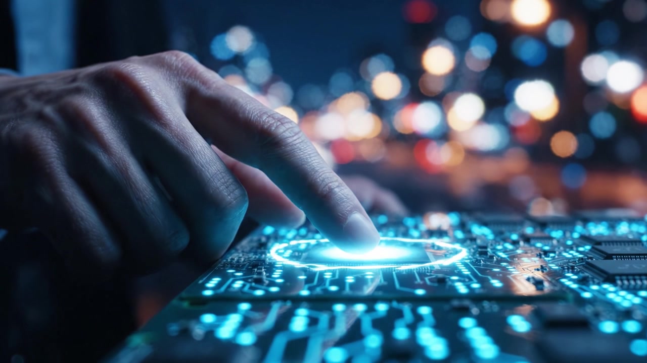 A Close-Up Exploration of an Enthusiastic Innovator Interacting with Advanced Computer Technology Under City Lights, Highlighting the Future of Digital Innovation and Connectivity