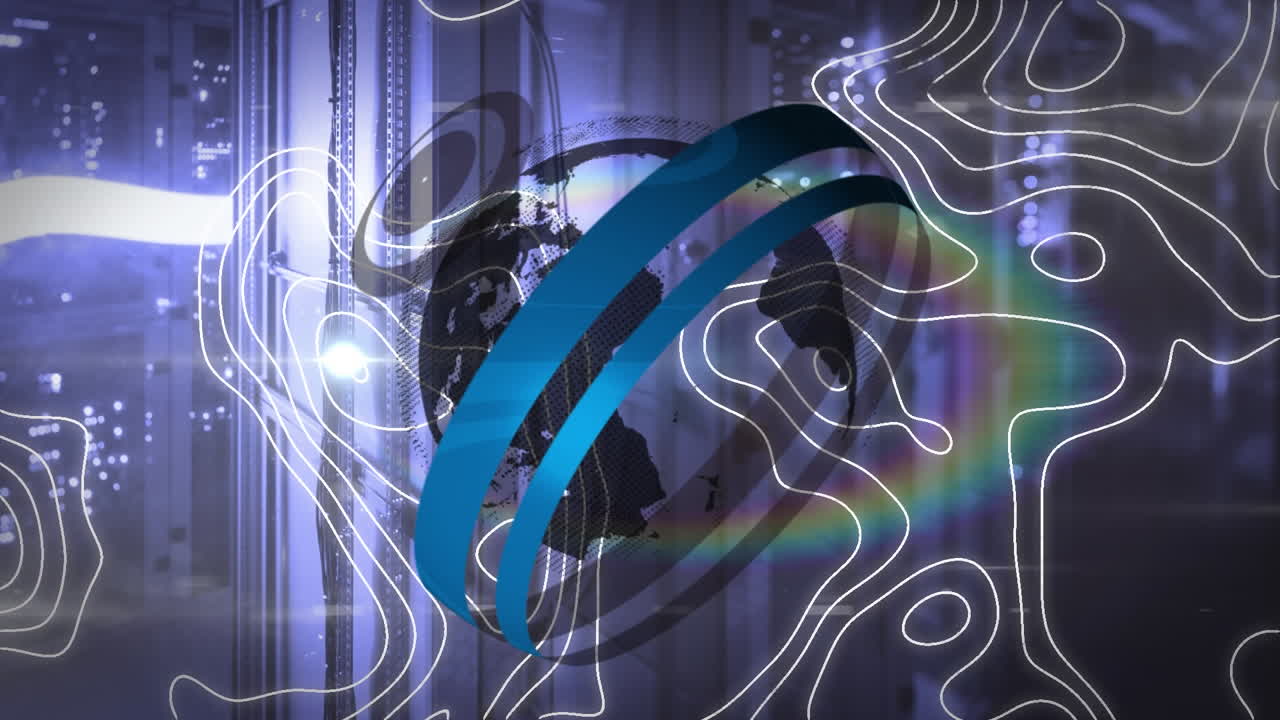 animazione del globo e delle linee bianche della mappa su server informatici