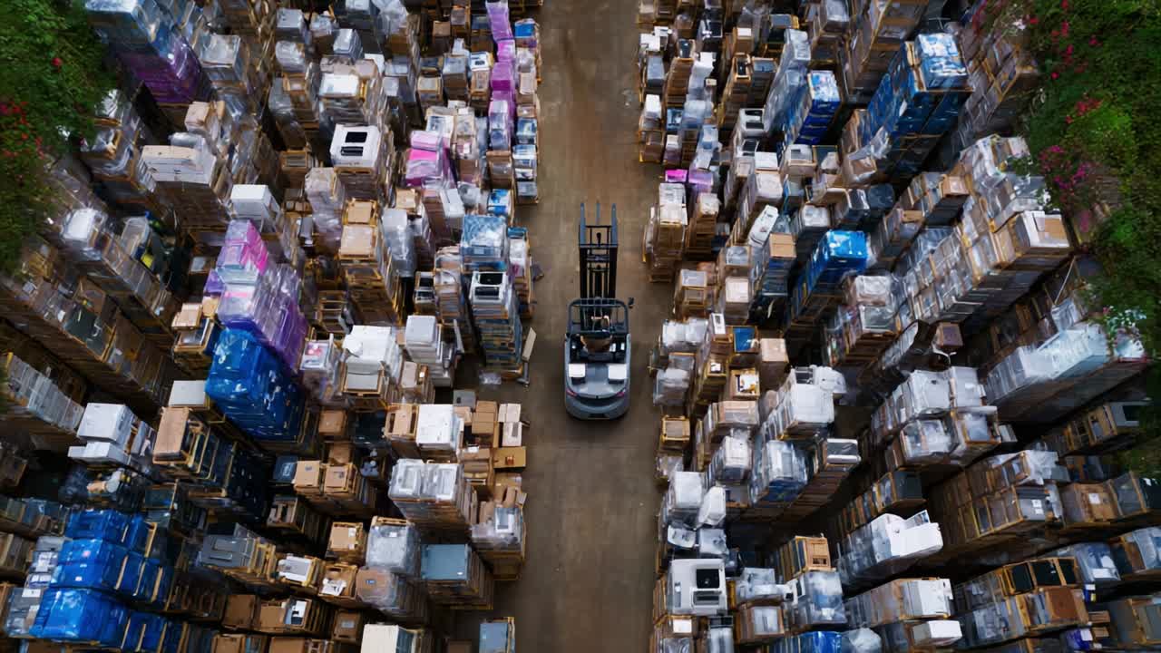 Aerial View of Warehouse with Forklift Maneuvering Through a Dense Arragement of Stacked Shipping Boxes and Pallets, Illustrating Logistics Management in an Organized Bulk Storage Environment