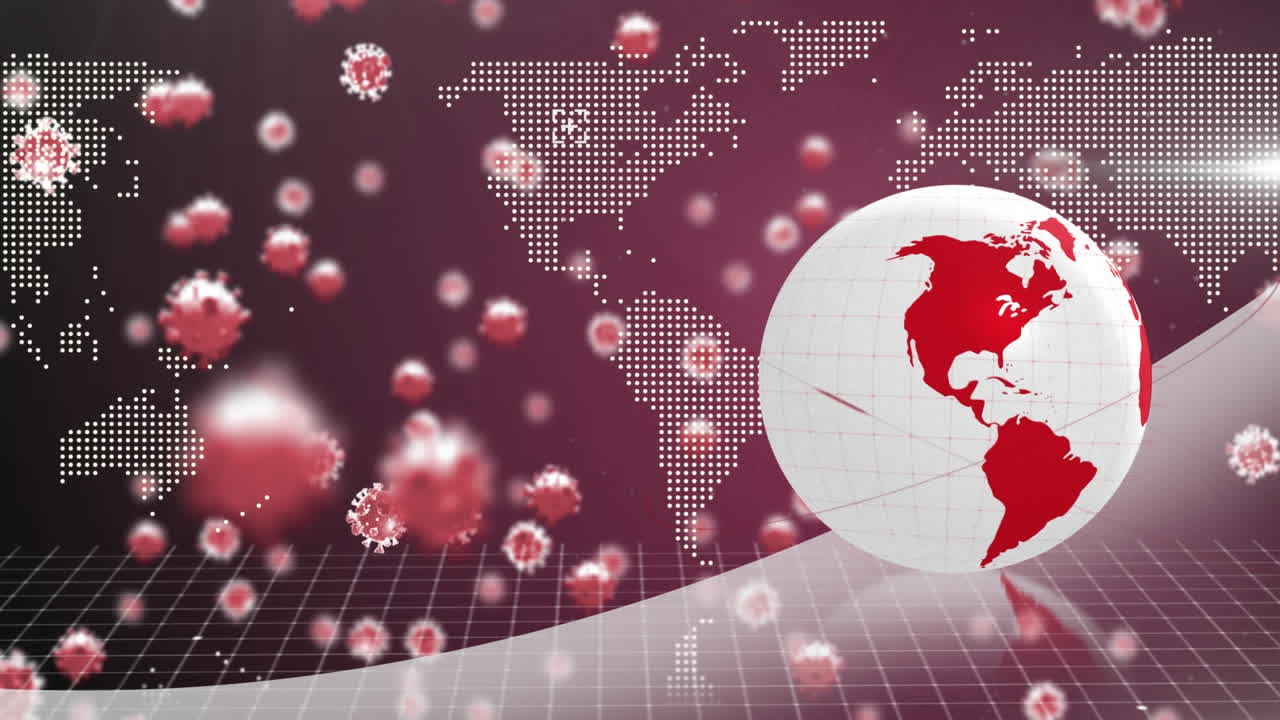 어두운 배경에서 회전하는 지구 위에 떨어지는 코로나19 세포의 애니메이션