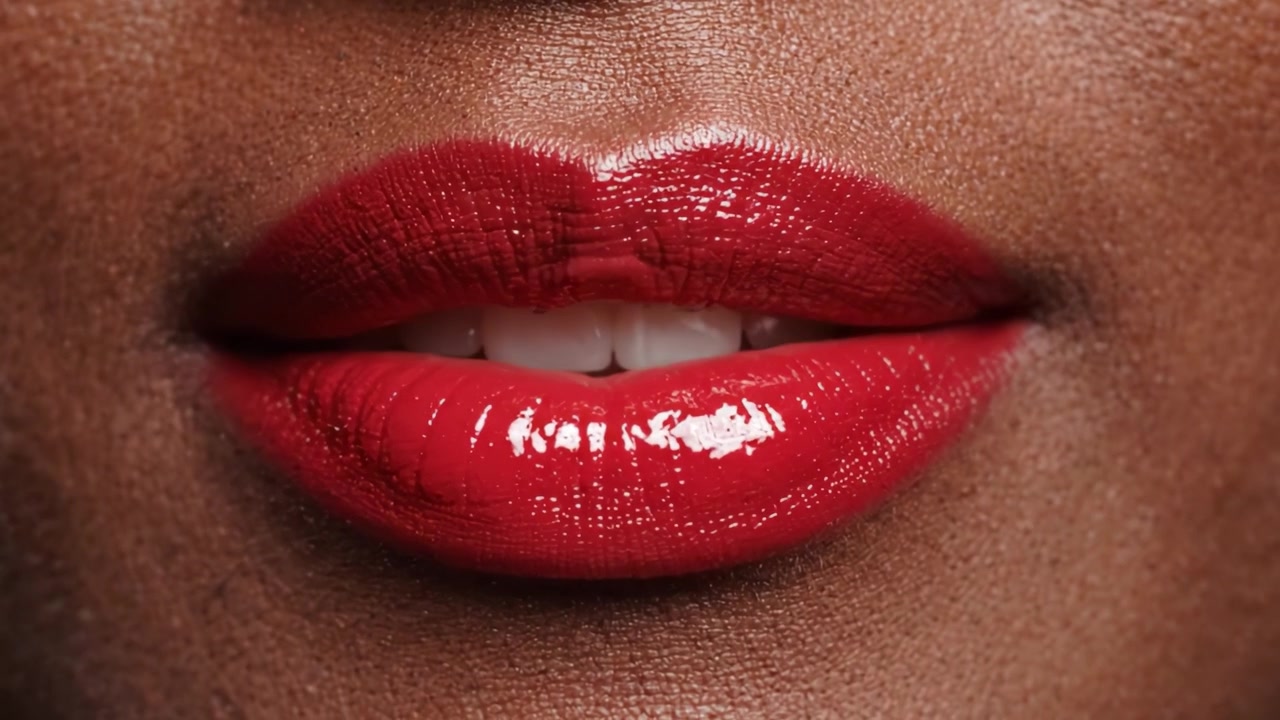Close-Up View of Glossy Red Lips Showcasing Rich Texture and Color in an Elegant and Captivating Moment of Beauty and Self-Expression