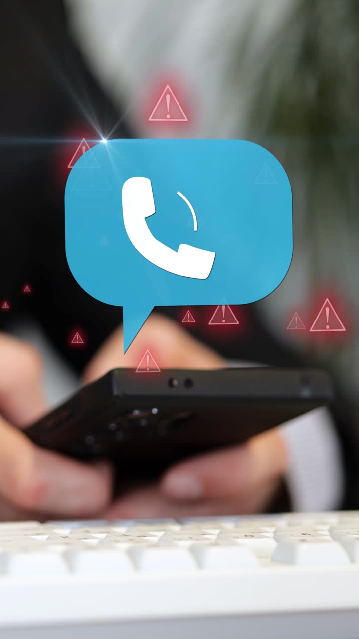 Primo piano verticale di una mano che digita su uno smartphone con un'icona animata di chiamata telefonica e simboli di allerta rossi. Concetto di chiamata di emergenza, supporto tecnico urgente, violazione dei dati e attacco informatico.
