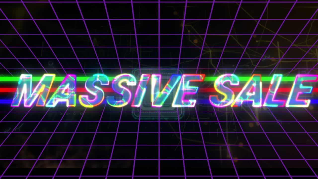 그리드 패턴 디지털 인터페이스에 네온 대량 판매 텍스트의 애니메이션