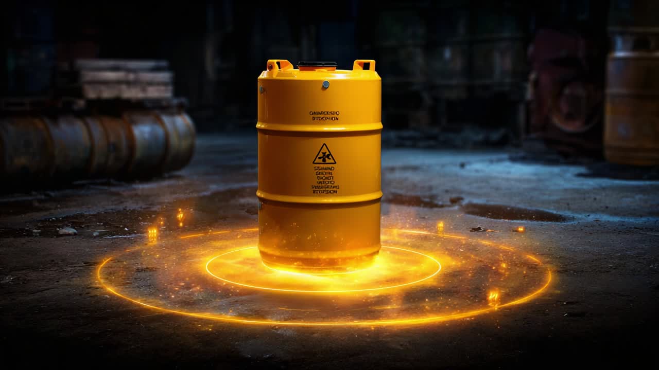 A glowing yellow hazardous waste drum situated in a dimly lit industrial area, encircled by a radiant orange energy effect symbolizing danger and toxicity within the surroundings