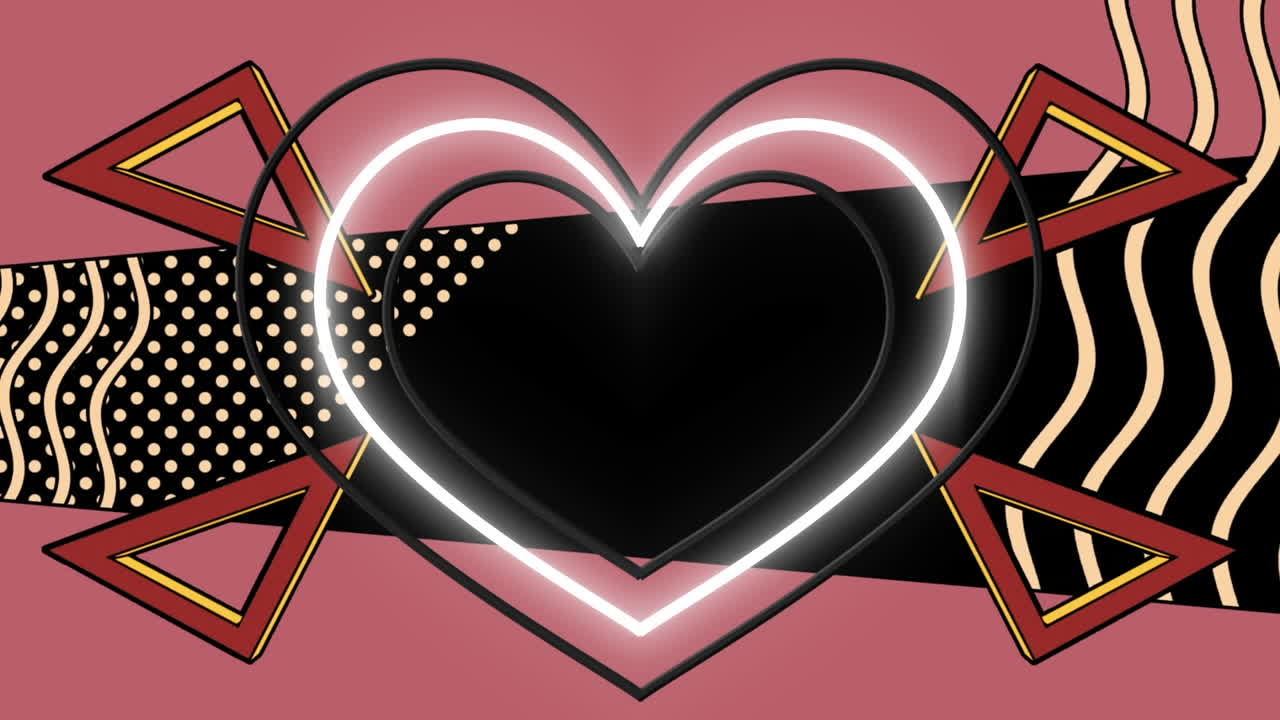 검은 바탕에 회전하는 삼각형, 심장 및 추상적인 모양의 애니메이션