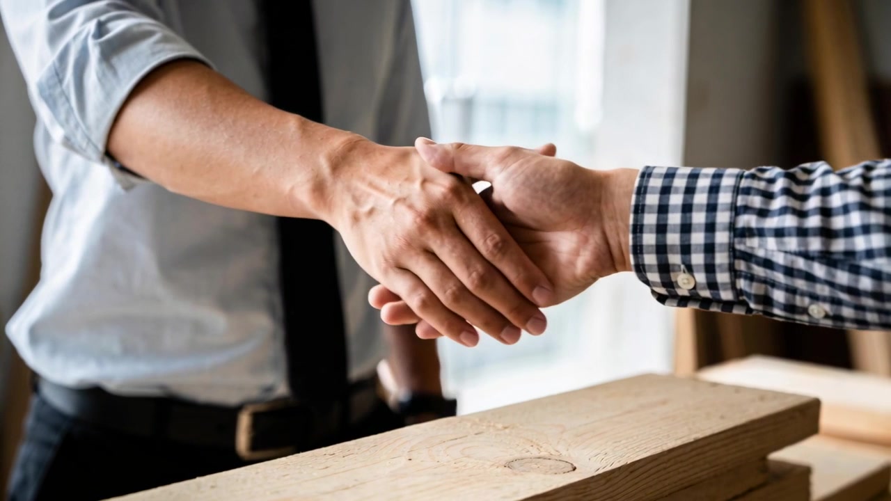 In ufficio, due persone si stringono la mano: quella a sinistra, in camicia e cravatta, consegna un biglietto da visita a quella a destra, che indossa una camicia a quadri, durante un'attività di networking.