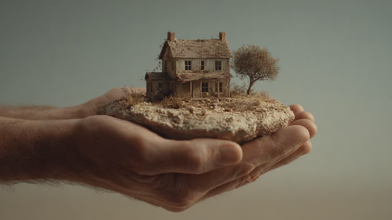 Una delicata casa in miniatura appoggiata delicatamente su un paio di mani, a simboleggiare cura, protezione e la bellezza dell'artigianato su uno sfondo sereno