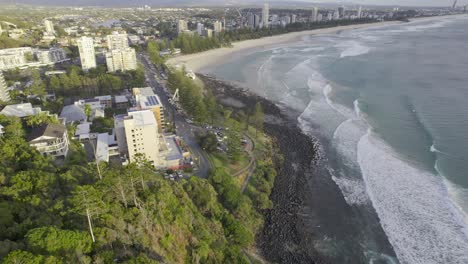 dense forest over burleigh head national park and beachfront suburbs of burleigh heads in gold coast, australia