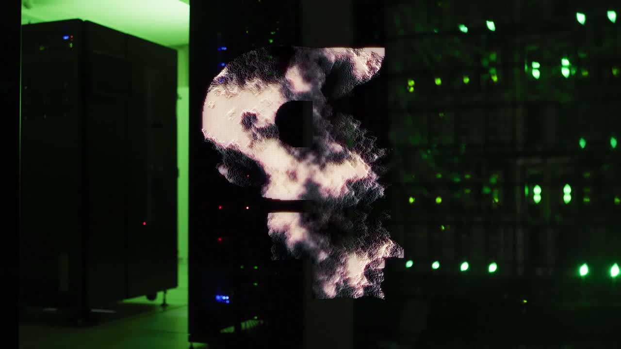 Pound symbol spinning against computer server room in background