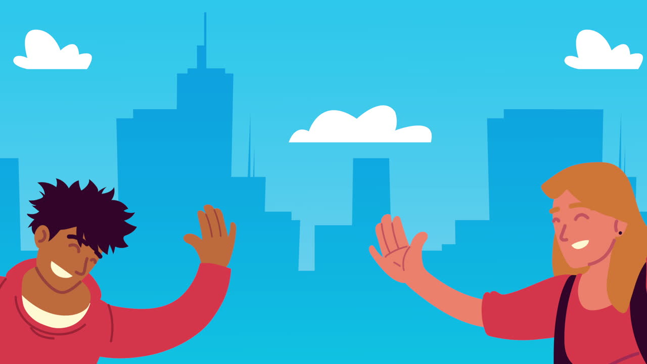 happy couple saludating on the city