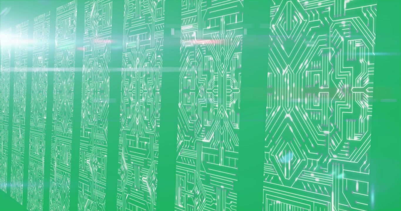 Panels shifting right, flare causing scans, glints, revealing circuits for tech designers, clear
