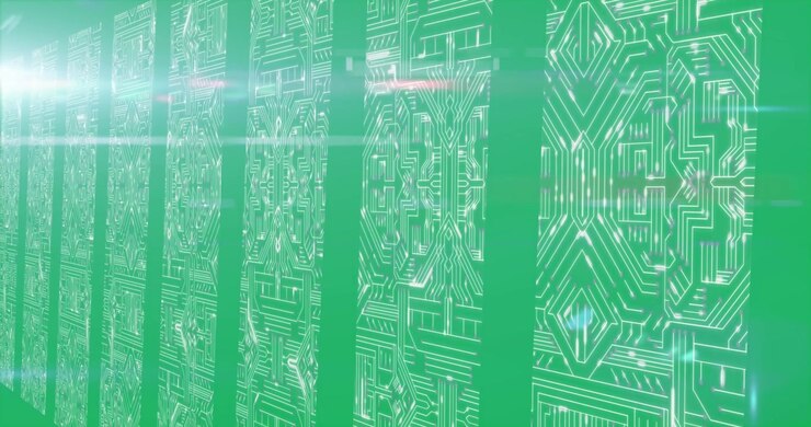 Panels shifting right, flare causing scans, glints, revealing circuits for tech designers, clear