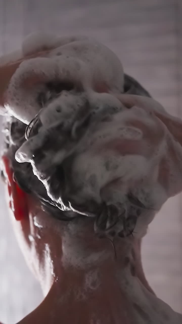 女性はシャワーキャビンのクローザップで泡毛をマッサージします静かな女性は浴室でのケア手順中にシャンプーでを洗います美しさのルーチン