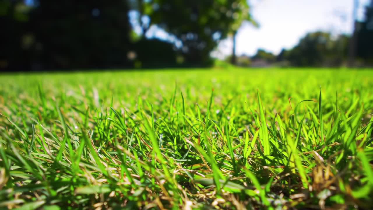 A Close-Up Perspective of Vibrant Green Grass Bathed in Sunlight, Showcasing the Lush Growth and Natural Beauty of a Well-Maintained Lawn in a Peaceful Outdoor Setting