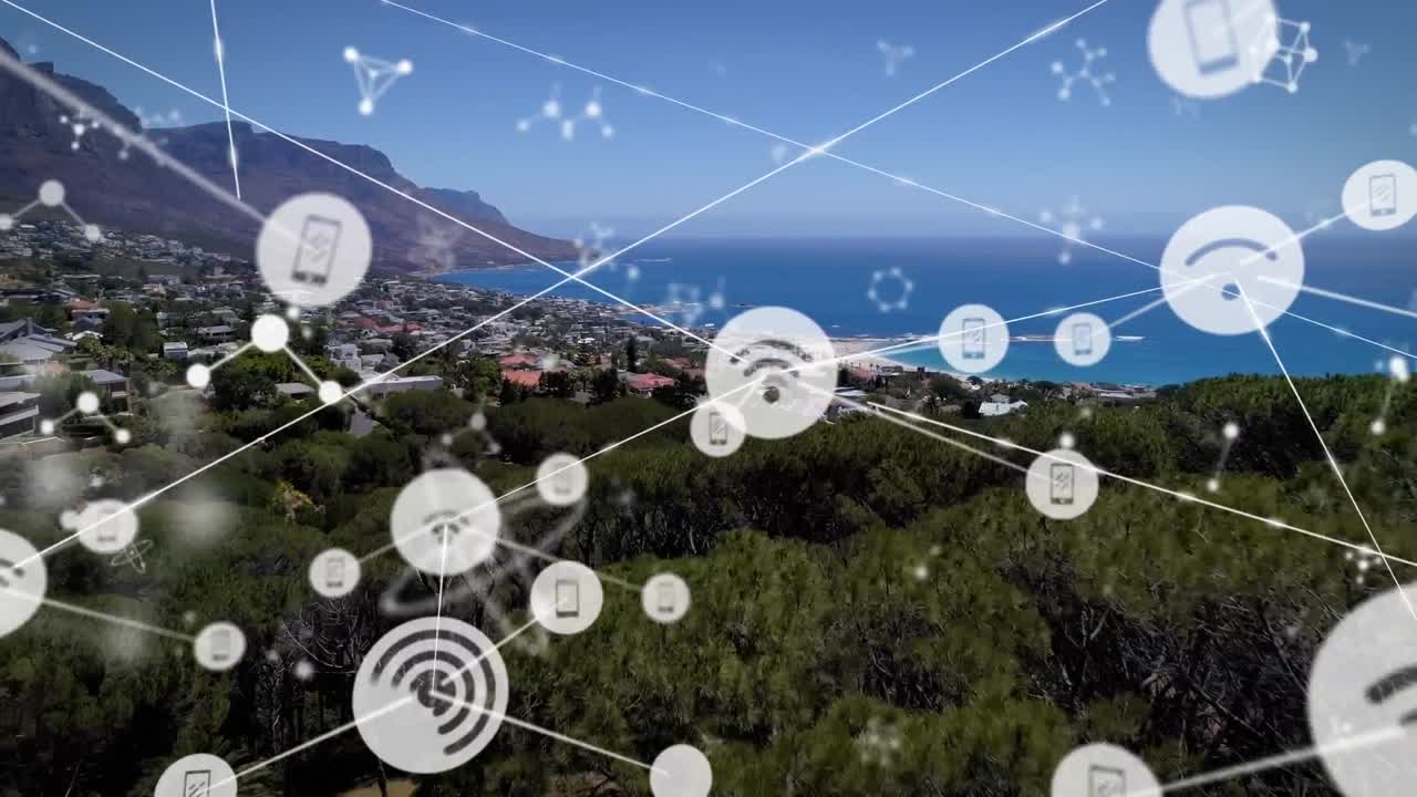 animación de iconos conectados, nucleótidos flotantes sobre vista aérea de bosque, árboles, mar y ciudad.