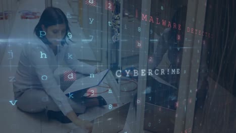 Woman-working-in-a-server-room-while-security-messages-move-in-the-foreground