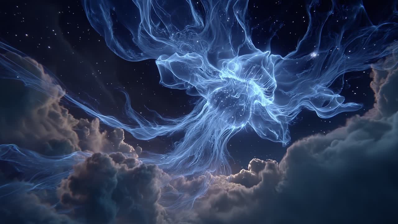 A Stunning Celestial Display: Ethereal Blue Wisps and Starry Skies Coalesce into a Mesmerizing Cosmic Embrace Above the Dreamy Clouds