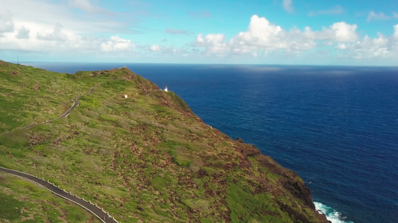 Aerial Shot Revealing Makapu'u Lighthouse trail in Oahu, Hawaii