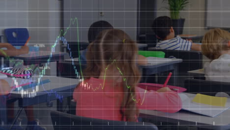 animation of financial data processing over diverse schoolchildren in classroom