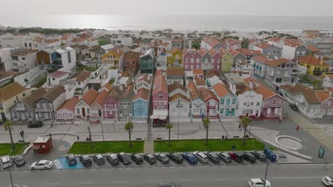 panning drone flight over a typical portuguese coastal town on the atlantic coast