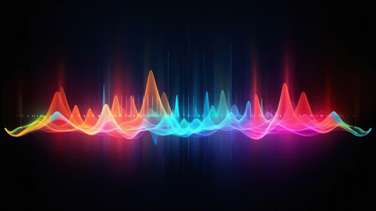 Vibrant sound waves in a spectrum of colors, viewed from a low angle, creating a dynamic
