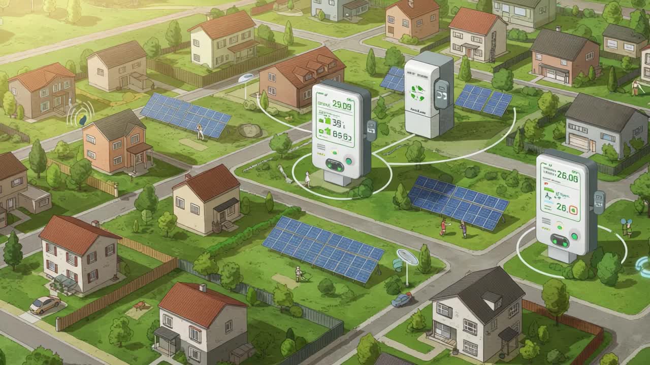 A Vibrant Neighborhood Showcasing Solar Energy Utilization, Smart Meters, and Sustainable Living Practices in a Modern Residential Environment