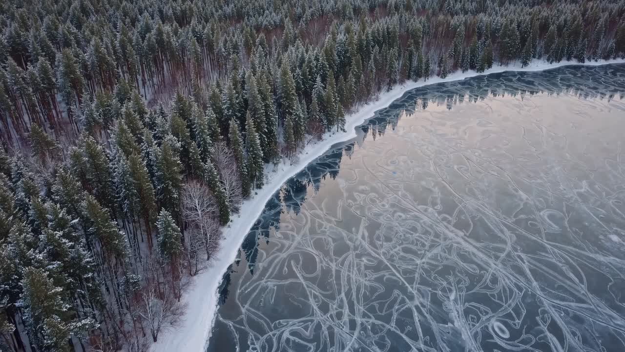 Aerial view of a frozen lake surrounded by snow-covered pine trees, capturing intricate ice