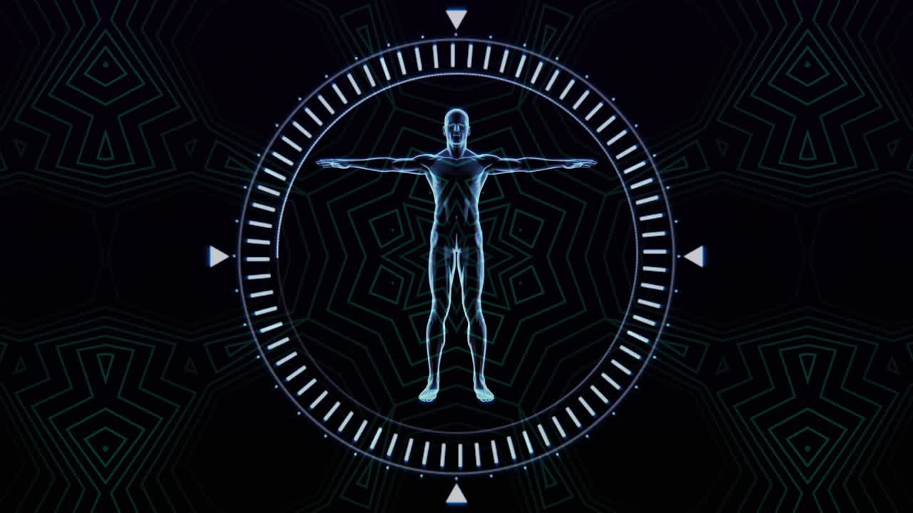 animación del cuerpo humano y el alcance con patrón de neón en fondo negro