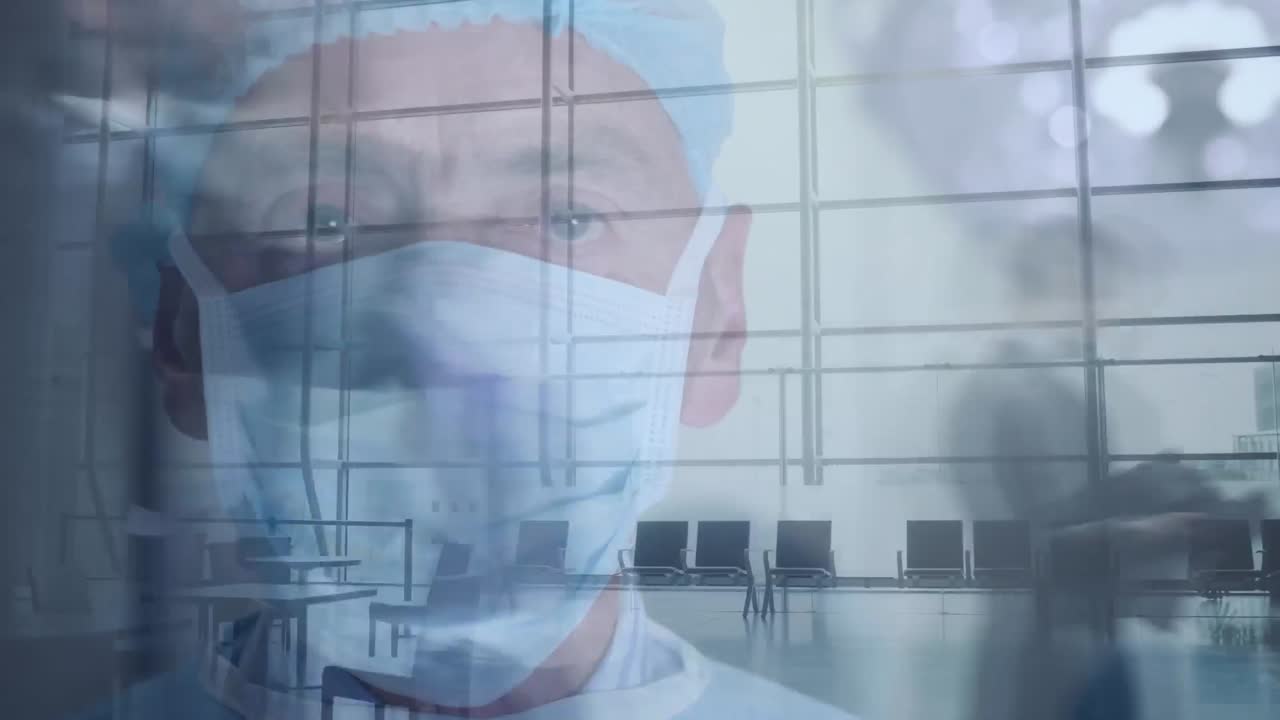 얼굴 마스크를 쓰고 빠른 움직임으로  ⁇ 는 남성 외과 의사의 애니메이션