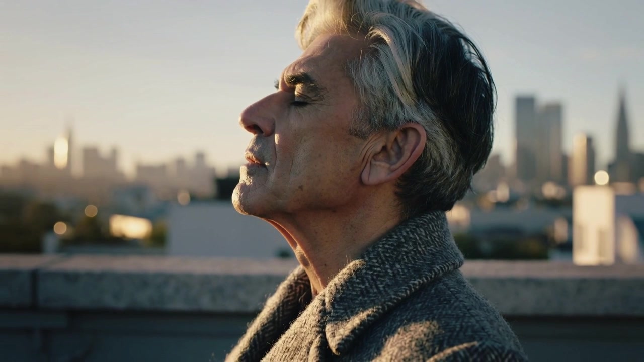 Alzando la testa, un uomo anziano con un cappotto testurizzato si appoggia all'indietro sul parapetto del tetto mentre la luce del sole riscalda lo skyline.