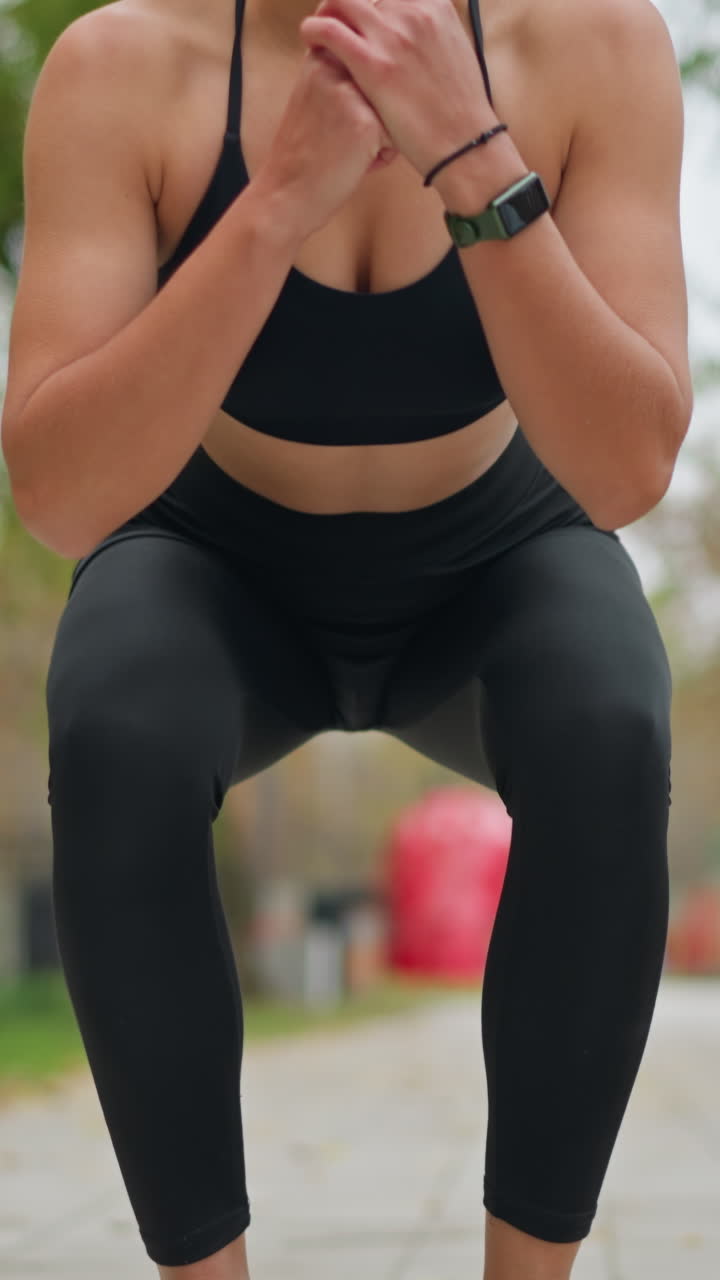 Giovane atleta che esegue esercizi di squat all'aperto in un parco giochi con sfondo sfocato che mostra alberi e colorate macchine da gioco, focus su fitness e allenamento della forza