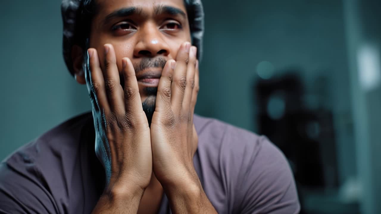 Man hides face with hands, showing deep distress. Dark room, low lighting, emphasizes isolation. Gloomy mood, emotional weight, raw vulnerability. Suitable for mental health, stress