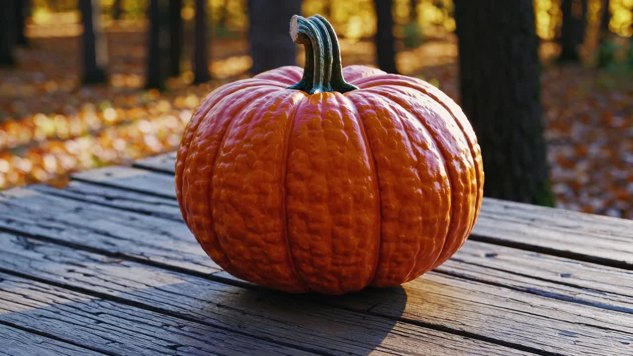 Close-up video of a pumpkin on a rustic wooden table, captured at eye level