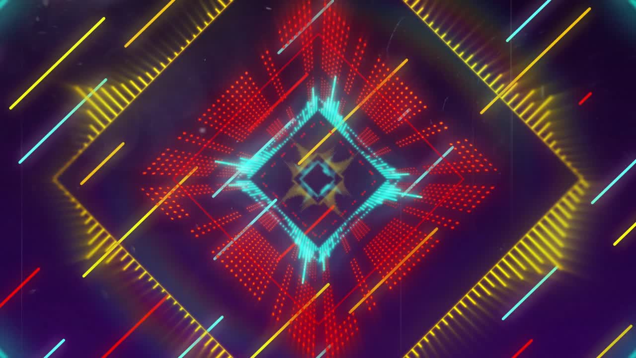 Motivo centrale al neon animato in un vortice digitale, con punti rossi radiali e scie di colore.
