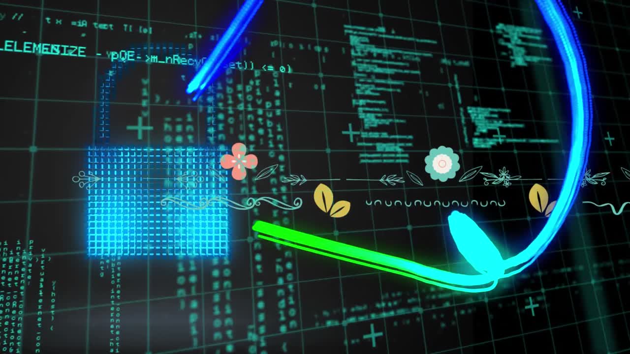 animación de iconos de flores y senderos de luz sobre el procesamiento de datos y el candado