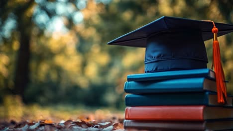 graduation cap on books