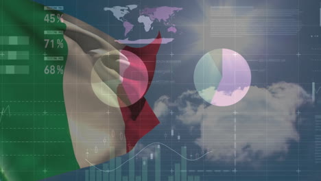 animation of financial data processing over flag of italy