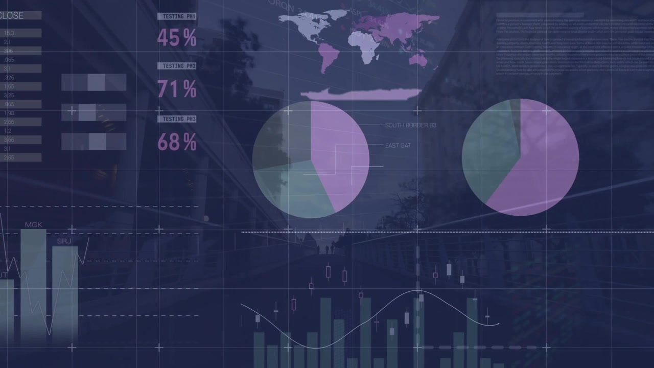 Animation of statistical data processing against time-lapse of people walking on city bridge