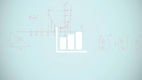 Animation-of-bar-graph-icon-over-mathematical-equations-floating-against-blue-background