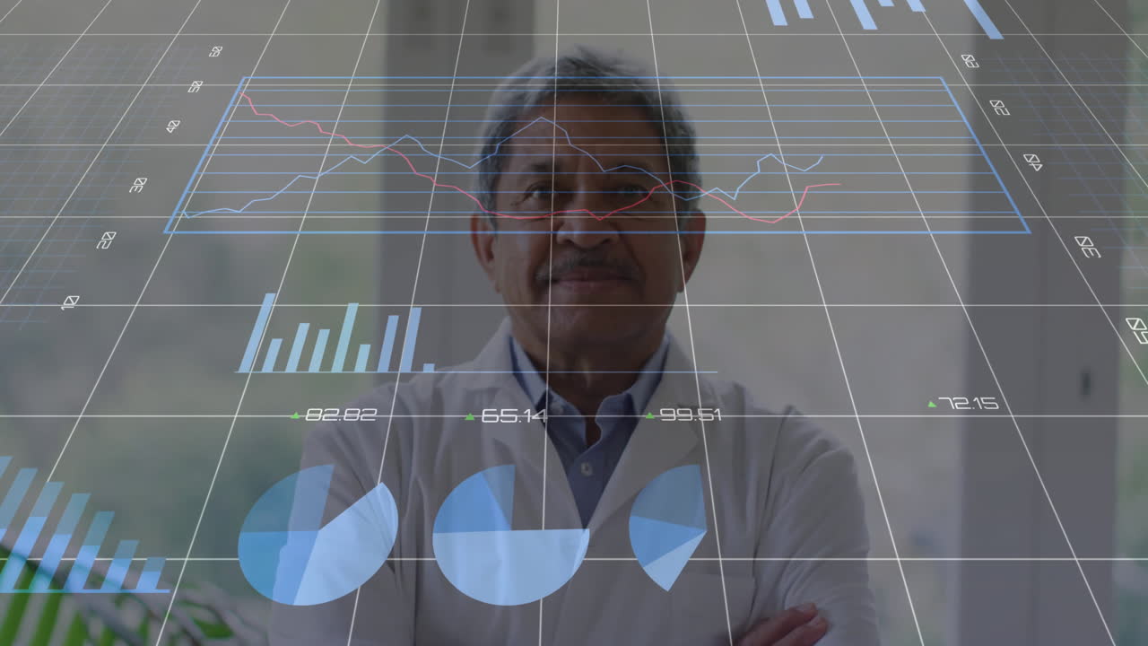 Medical researcher analyzing data in lab, displaying animated line graph, pie and donut charts