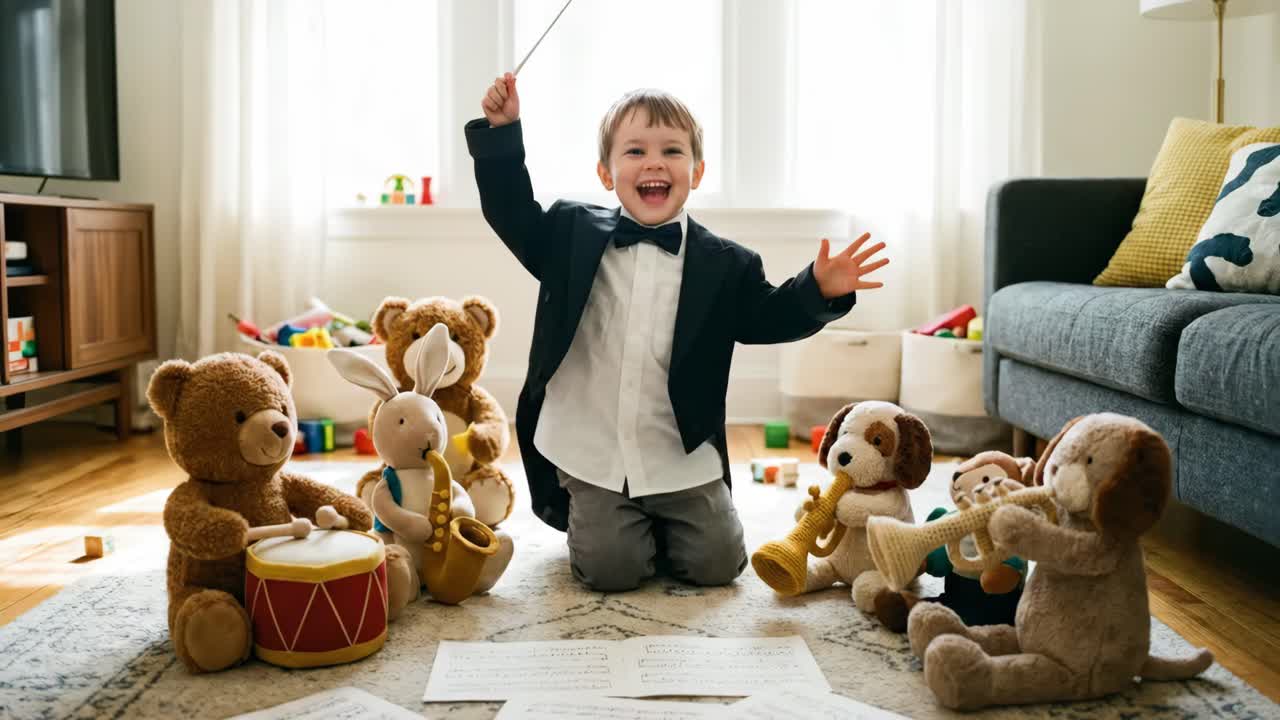 Happy Young Boy Conducts Stuffed Animal Orchestra in Living Room