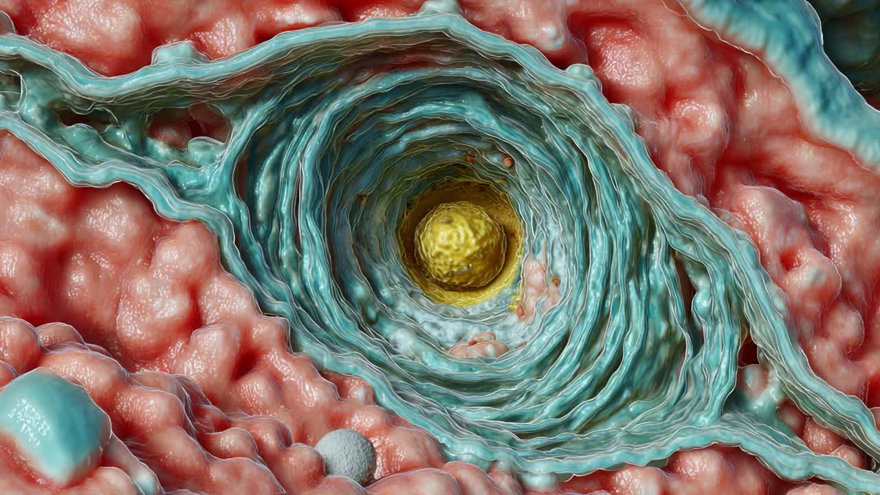 Intricate Cellular Structure: Exploring the Detailed Interior of a Cell, Showcasing the Unique Geometry and Vibrant Colors of the Cytoplasm and Nucleus in High Resolution