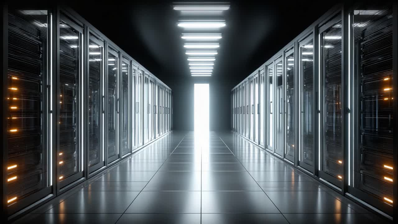 Una vista accattivante lungo un corridoio futuristico di un data center che espone eleganti rack server e percorsi illuminati, che conducono a un'uscita misteriosa in un ambiente ad alta tecnologia