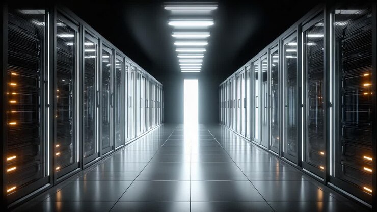 A Captivating View Down a Futuristic Data Center Aisle Showcasing Sleek Server Racks and Illuminated Pathways, Leading to a Mysterious Exit in a High-Tech Environment