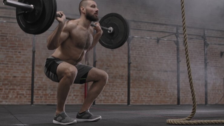 Male Powerlifter Squatting with Heavy Barbell in Gym