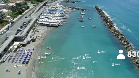 Digital-composition-of-profile-icons-with-increasing-numbers-against-aerial-view-of-the-beach