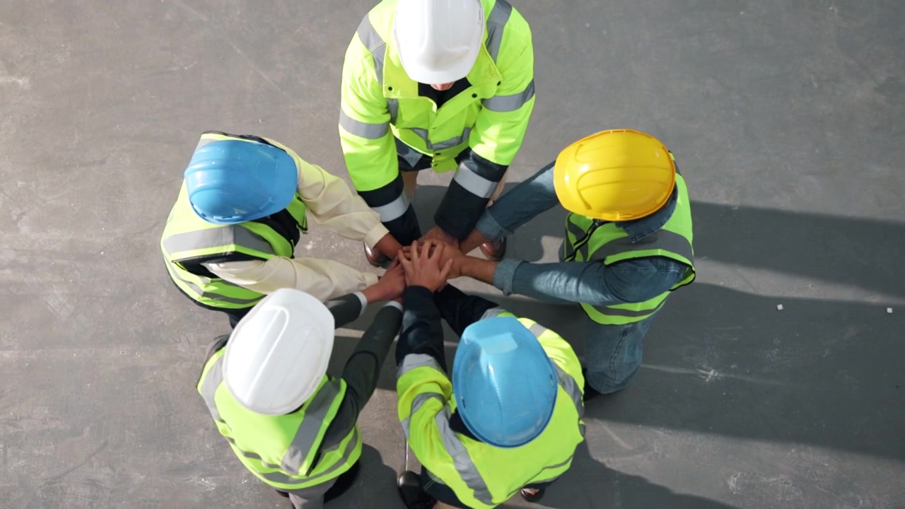 Construction Team Joining Hands in Unity and Clapping