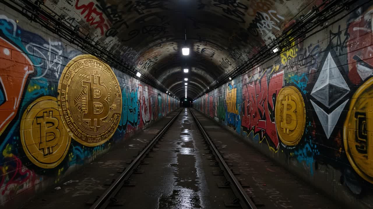 A Journey Through the Graffiti-Covered Tunnel: Exploring the Interplay of Urban Art and Cryptocurrency Symbols with Bitcoin and Ethereum