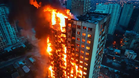 a tall building on fire in the middle of a city at night