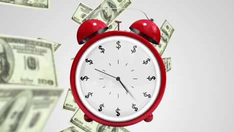 dollar bills falling with alarm clock